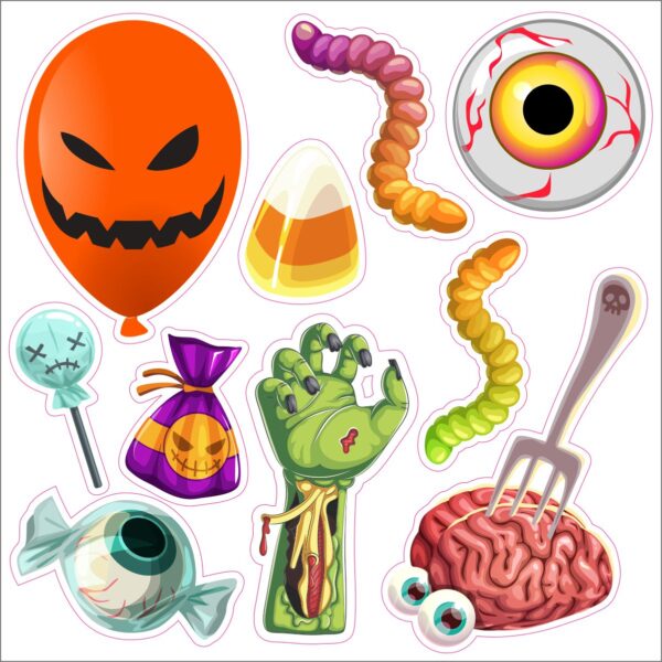 alloween Bundle Yard Card graphics include zombie hand, hunted candy, worms, candy corn, balloon, brain